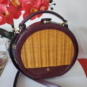 Vintage 1990s Etienne Agner Leather and Wicker Round Bag